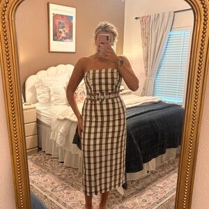 Anthropologie Strapless Brown and White Plaid Dress